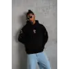 Erkek Kapüşonlu Kanguru Cepli Sweatshirt 3 İplik Pamuklu Baskılı Hoodie - Siyah