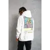 Erkek 3 İplik Pamuklu Kapüşonlu Baskılı Cepli Oversize Sweatshirt Hoodie - Beyaz