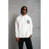 Erkek 3 İplik Pamuklu Kapüşonlu Baskılı Cepli Oversize Sweatshirt Hoodie - Beyaz