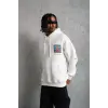 Erkek 3 İplik Pamuklu Kapüşonlu Baskılı Cepli Oversize Sweatshirt Hoodie - Beyaz