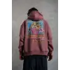 Erkek 3 İplik Pamuklu Kapüşonlu Baskılı Cepli Oversize Sweatshirt Hoodie - Gül Kurusu