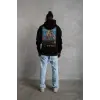 Erkek 3 İplik Pamuklu Kapüşonlu Baskılı Cepli Oversize Sweatshirt Hoodie - Siyah