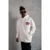 Erkek 3 İplik Pamuklu Kapüşonlu Baskılı Cepli Oversize Sweatshirt Hoodie - Beyaz