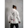 Erkek 3 İplik Pamuklu Kapüşonlu Baskılı Cepli Oversize Sweatshirt Hoodie - Beyaz