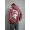 Erkek 3 İplik Pamuklu Kapüşonlu Baskılı Cepli Oversize Sweatshirt Hoodie - Gül Kurusu