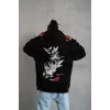 Erkek 3 İplik Pamuklu Kapüşonlu Baskılı Cepli Oversize Sweatshirt Hoodie - Siyah