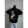 Erkek 3 İplik Pamuklu Kapüşonlu Baskılı Cepli Oversize Sweatshirt Hoodie - Siyah