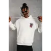 Erkek 3 İplik Pamuklu Kapüşonlu Baskılı Cepli Oversize Sweatshirt Hoodie - Beyaz