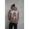 Erkek 3 İplik Pamuklu Kapüşonlu Baskılı Cepli Oversize Sweatshirt Hoodie - Gri