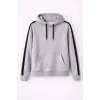 Erkek Şeritli Kapüşonlu Sweatshirt Oversize 3 iplik Pamuklu Hoodie - Gri