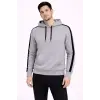 Erkek Şeritli Kapüşonlu Sweatshirt Oversize 3 iplik Pamuklu Hoodie - Gri