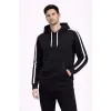Erkek Şeritli Kapüşonlu Sweatshirt Oversize 3 iplik Pamuklu Hoodei - Siyah
