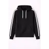 Erkek Şeritli Kapüşonlu Sweatshirt Oversize 3 iplik Pamuklu Hoodei - Siyah