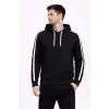 Erkek Şeritli Kapüşonlu Sweatshirt Oversize 3 iplik Pamuklu Hoodei - Siyah
