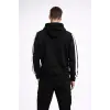 Erkek Şeritli Kapüşonlu Sweatshirt Oversize 3 iplik Pamuklu Hoodie - Siyah