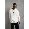 BErkek 3 İplik Pamuklu Kapüşonlu Baskılı Cepli Oversize Sweatshirt Hoodie - eyaz