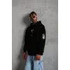 Erkek 3 İplik Pamuklu Kapüşonlu Kanguru Cepli Baskılı Oversize Hoodie Sweatshirt - Siyah