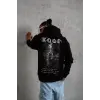 Erkek 3 İplik Pamuklu Kapüşonlu Kanguru Cepli Baskılı Oversize Hoodie Sweatshirt - Siyah