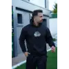 Erkek 3 İplik Pamuklu Kapüşonlu Baskılı Cepli Oversize Sweatshirt Hoodie - Siyah