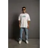 Erkek Kısa Kol Yazlık Tişört Bisiklet Yaka Baskılı Oversize T-Shirt - Beyaz