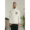 Erkek 3 İplik Pamuklu Kapüşonlu Baskılı Cepli Oversize Sweatshirt Hoodie - Beyaz