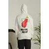 Erkek 3 İplik Pamuklu Kapüşonlu Baskılı Cepli Oversize Sweatshirt Hoodie - Beyaz