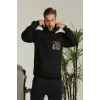 Erkek 3 İplik Pamuklu Kapüşonlu Baskılı Cepli Oversize Sweatshirt Hoodie - Siyah