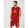 Erkek Sırt Baskılı Sıfır Kol İkili Şort Alt-Üst Takım - Kırmızı