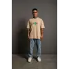 Erkek Kısa Kol Yazlık Tişört Bisiklet Yaka Baskılı Oversize T-Shirt - Bej