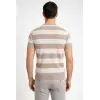 Erkek T-shirt Çizgili Triko  Kısa Kol Yazlık Dokuma Bisiklet Yaka Tişört - Bej