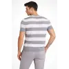 Erkek T-shirt Çizgili Kısa Kol Yazlık Triko Dokuma Bisiklet Yaka Tişört - Gri