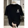 Erkek T-shirt Tavşan Baskılı Kısa Kollu Tişört - Siyah