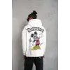 Erkek 3 İplik Pamuklu Kapüşonlu Baskılı Cepli Oversize Sweatshirt Hoodie - Beyaz