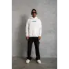 Erkek 3 İplik Pamuklu Kapüşonlu Baskılı Cepli Oversize Sweatshirt Hoodie - Beyaz