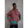 Erkek 3 İplik içi Pamuklu Alev Baskılı Kapüşonlu hoodie Sweatshirt - Gül Kurusu
