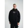 Erkek 3 İplik Pamuklu Kapüşonlu Baskılı Cepli Oversize Sweatshirt Hoodie - Siyah