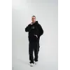 Erkek 3 İplik Pamuklu Kapüşonlu Baskılı Cepli Oversize Sweatshirt Hoodie - Siyah