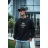 Erkek 3 iplik pamuklu Bisiklet Yaka Ön Ve Arka Baskılı SweatShirt - Siyah