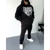 Erkek Kapüşonlu Kanguru Cepli Sweatshirt 3 İplik Pamuklu Baskılı Hoodie -  Siyah