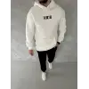 Erkek Kapüşonlu Kanguru Cepli Sweatshirt 3 İplik Pamuklu Baskılı Hoodie -  Beyaz