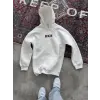 Erkek Kapüşonlu Kanguru Cepli Sweatshirt 3 İplik Pamuklu Baskılı Hoodie -  Beyaz