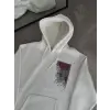 Erkek Kapüşonlu Kanguru Cepli Sweatshirt 3 İplik Pamuklu Baskılı Hoodie - Beyaz