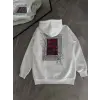Erkek Kapüşonlu Kanguru Cepli Sweatshirt 3 İplik Pamuklu Baskılı Hoodie - Beyaz
