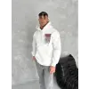 Erkek Kapüşonlu Kanguru Cepli Sweatshirt 3 İplik Pamuklu Baskılı Hoodie - Beyaz