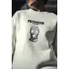 Erkek 3 iplik pamuklu Kışlık Bisiklet Yaka Baskılı SweatShirt - Beyaz