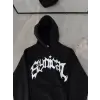 Erkek Kapüşonlu Kanguru Cepli Sweatshirt 3 İplik Pamuklu Baskılı Hoodie - Siyah