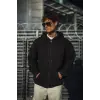 Erkek Tam Fermuarlı Cepli Kapüşonlu 3 iplik pamuklu hoodie Sweatshirt - Siyah