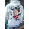 Erkek Kapüşonlu Kanguru Cepli Sweatshirt 3 İplik Pamuklu Baskılı Hoodie - Beyaz