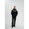 Erkek 3 İplik Pamuklu Kapüşonlu Baskılı Cepli Oversize Sweatshirt Hoodie - Siyah