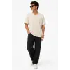 Erkek V Yaka Basic Tişört Kısa Kol Yazlık Regular Fit T-Shirt - Bej